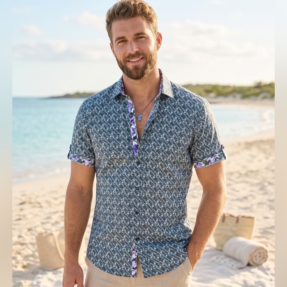 🟢🟣🔵DiNero Milano Floral Button-Up Shirt - Nice Quality! 100% cotton